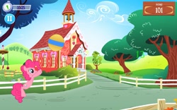 Size: 1280x800 | Tagged: safe, derpibooru import, pinkie pie, earth pony, pony, ball, clock, female, jumping, mare, minigame, pause, ponyville schoolhouse, school, smiling, solo, solo female