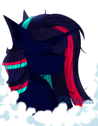 Size: 2162x2773 | Tagged: safe, artist:mediasmile666, derpibooru import, oc, oc only, pony, unicorn, bust, cloud, eyes closed, female, mare, smiling, solo