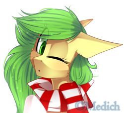 Size: 1629x1478 | Tagged: safe, artist:mediasmile666, derpibooru import, oc, oc only, pony, bust, clothes, ears, female, floppy ears, mare, one eye closed, scarf, simple background, solo, white background