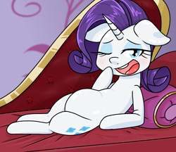 Size: 740x640 | Tagged: safe, alternate version, artist:batipin, derpibooru import, rarity, pony, unicorn, chubby, ears, fainting couch, female, floppy ears, mare, one eye closed, open mouth, pillow, volumetric mouth