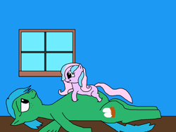 Size: 1500x1125 | Tagged: safe, artist:blazewing, derpibooru import, oc, oc only, oc:maggie, oc:pastel macaroon, earth pony, pegasus, pony, atg 2021, belly, belly bed, chubby, colored background, drawpile, fat, female, filly, foal, foalsitter, freckles, lying down, lying on top of belly, mare, newbie artist training grounds, on back, smiling, tired, window