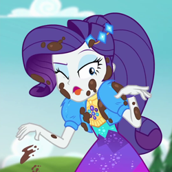 Size: 1080x1080 | Tagged: safe, derpibooru import, screencap, rarity, better together, equestria girls, lost and pound, lost and pound: rarity, cropped, disgusted, female, mud, one eye closed, out of context, solo, tongue, tongue out