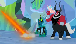 Size: 795x466 | Tagged: safe, derpibooru import, screencap, cozy glow, lord tirek, queen chrysalis, the ending of the end, laser, scared