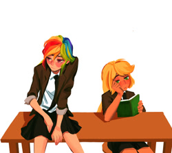 Size: 500x446 | Tagged: artist needed, source needed, safe, derpibooru import, applejack, rainbow dash, human, appledash, book, female, humanized, lesbian, shipping, simple background, table, white background