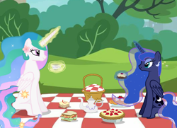 Size: 900x650 | Tagged: safe, artist:soft_angel, derpibooru import, princess celestia, princess luna, alicorn, basket, cup, food, picnic, picnic basket, picnic blanket, pie, sandwich, tea, teacup, teapot