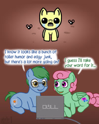 Size: 1000x1250 | Tagged: safe, artist:phallen1, derpibooru import, oc, oc only, oc:software patch, oc:windcatcher, earth pony, fly, insect, pegasus, pony, atg 2021, computer, crying, dialogue, glasses, laptop computer, newbie artist training grounds, pixel art, ponified, simple background, the binding of isaac