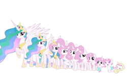 Size: 1133x682 | Tagged: safe, artist:soft_angel, derpibooru import, princess celestia, alicorn, pony, unicorn, baby, baby pony, clothes, coat, crown, evolution, female, filly, hoof shoes, jewelry, mare, regalia