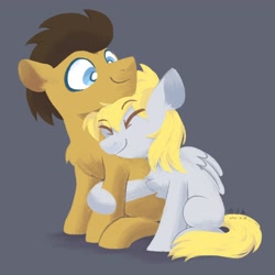 Size: 2048x2048 | Tagged: safe, artist:yaaaco, derpibooru import, derpy hooves, doctor whooves, earth pony, pegasus, pony, black background, chest fluff, cute, derpabetes, doctorderpy, eyes closed, female, hug, male, mare, missing cutie mark, nuzzling, raised hoof, raised leg, shipping, simple background, stallion, straight