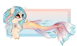 Size: 1771x1062 | Tagged: safe, artist:ponsel, derpibooru import, oc, oc only, hybrid, merpony, seapony (g4), adoptable, deviantart watermark, dorsal fin, eyelashes, female, fish tail, flowing tail, jewelry, necklace, obtrusive watermark, red eyes, regalia, simple background, smililng, solo, starfish, tail, watermark, white background