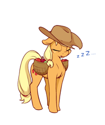 Size: 918x1090 | Tagged: safe, artist:aquaticvibes, derpibooru import, applejack, earth pony, pony, atg 2021, cute, drool, ears, eyes closed, floppy ears, horses doing horse things, newbie artist training grounds, onomatopoeia, silly, silly pony, simple background, sleeping, sleeping while standing, sound effects, white background, who's a silly pony, zzz