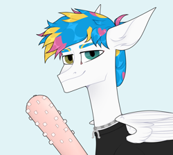 Size: 2800x2500 | Tagged: safe, artist:tea_sediment, derpibooru import, pegasus, pony, awsten knight, baseball bat, bust, clothes, commission, dyed mane, folded wings, horseshoes, jewelry, light blue background, male, necklace, ponified, shirt, simple background, solo, stallion, t-shirt, toothbat, waterparks, wings, ych result