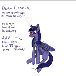 Size: 4000x4000 | Tagged: safe, derpibooru exclusive, derpibooru import, oc, oc:cosmia nebula, alicorn, alicornified, donor glyph, heart amulet, i guess, letter, made for kissu, motivational, race swap, turgor