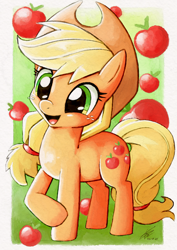 Size: 4093x5787 | Tagged: safe, artist:konanachi, derpibooru import, applejack, earth pony, pony, absurd file size, absurd resolution, apple, applejack's hat, clothes, cowboy hat, cute, female, food, hat, jackabetes, mare, signature, solo