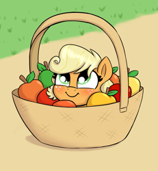 Size: 1899x2055 | Tagged: safe, artist:heretichesh, applejack, earth pony, pony, apple, basket, blushing, cute, daaaaaaaaaaaw, female, filly, filly applejack, food, jackabetes, pony in a basket, smiling, solo, weapons-grade cute, younger