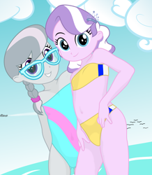 Size: 5280x6060 | Tagged: source needed, safe, artist:dtavs.exe, diamond tiara, silver spoon, bird, seagull, equestria girls, child, clothes, cloud, duo, duo female, female, glasses, swimsuit, underage, water