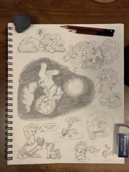 Size: 3024x4032 | Tagged: safe, artist:lost marbles, derpibooru import, pinkie pie, scootaloo, dog, earth pony, pony, rat, armor, chihuahua, fish bowl, high res, money bag, moon, pencil drawing, rocket, sketchpad, sleeping, space, sword, traditional art, weapon