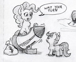 Size: 1282x1051 | Tagged: safe, artist:lost marbles, derpibooru import, pinkie pie, scootaloo, earth pony, pony, dialogue, duo, female, grayscale, kiddie ride, missing wing, money bag, monochrome, pencil drawing, ride, rocket, scootaloo is not amused, traditional art, unamused, wingless