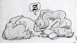 Size: 1338x751 | Tagged: safe, artist:lost marbles, derpibooru import, pinkie pie, earth pony, pony, female, pencil drawing, simple background, sleeping, solo, traditional art, white background