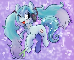 Size: 655x530 | Tagged: safe, artist:therainbowtroll, derpibooru import, earth pony, pony, anime, female, hatsune miku, headphones, kotobukiya, kotobukiya hatsune miku pony, leek, mare, necktie, one eye closed, open mouth, open smile, ponified, smiling, solo, vocaloid, wink