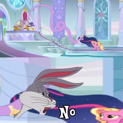 Size: 3464x3464 | Tagged: safe, derpibooru import, edit, edited screencap, editor:juanluuis8, screencap, luster dawn, princess twilight 2.0, spike, twilight sparkle, twilight sparkle (alicorn), alicorn, pony, unicorn, the last problem, are you frustrated?, bugs bunny, castle, female, gigachad spike, help weyes, high res, i don't know the name of the girl with the skin of rosasa :cc, loony tunes, male, mare, meme, my little momos: papus mylotogy, no, older, older spike, older twilight, tamadre que momazo papus.