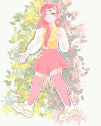 Size: 1080x1344 | Tagged: dead source, safe, artist:epicmaellina, derpibooru import, fluttershy, human, clothes, female, flower, humanized, shoes, skirt, smiling, solo