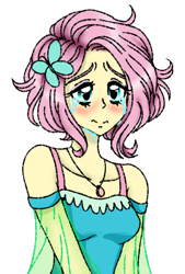 Size: 1080x1596 | Tagged: safe, artist:jvartes6112, derpibooru import, fluttershy, equestria girls, alternate hairstyle, blushing, bust, clothes, crying, female, hairclip, jewelry, necklace, short hair, simple background, solo, transparent background