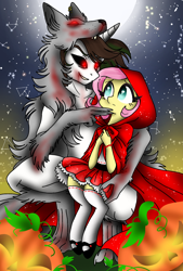 Size: 1080x1596 | Tagged: safe, artist:jvartes6112, derpibooru import, fluttershy, anthro, digitigrade anthro, pony, unguligrade anthro, wolf, wolf pony, blood, cloak, clothes, eyelashes, female, glowing eyes, horn, little red riding hood, night, ponified, pumpkin, shoes, stars, worried