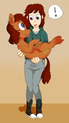 Size: 750x1334 | Tagged: safe, artist:4chanponeh, derpibooru import, oc, oc only, oc:notepad, earth pony, human, pony, clothes, commission, converse, exclamation point, female, holding a pony, hoodie, human and pony, human ponidox, mare, no pupils, pants, self ponidox, shoes, sneakers, tongue, tongue out