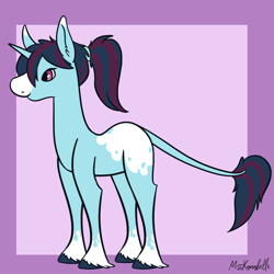 Size: 2000x2000 | Tagged: safe, artist:misskanabelle, derpibooru import, oc, oc only, oc:blue skies, pony, unicorn, abstract background, female, horn, leonine tail, mare, signature, solo, unicorn oc, unshorn fetlocks