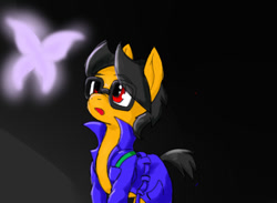 Size: 800x587 | Tagged: safe, artist:a.s.e, derpibooru import, oc, oc only, oc:a.s.e, butterfly, earth pony, pony, alone, clothes, darkness, earth pony oc, eye clipping through hair, eyebrows visible through hair, glasses, male, open mouth, raised tail, solo, stallion, tail, trenchcoat