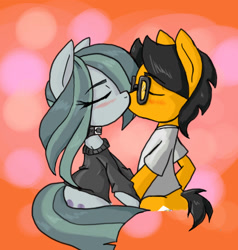 Size: 1280x1344 | Tagged: safe, artist:a.s.e, derpibooru import, marble pie, oc, oc:a.s.e, earth pony, pony, canon x oc, clothes, couple, earth pony oc, glasses, kissing, love, shipping