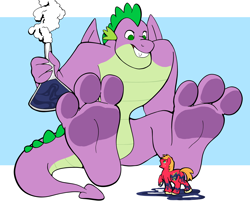 Size: 2732x2203 | Tagged: safe, artist:giantboonehusky, derpibooru import, big macintosh, spike, anthro, dragon, earth pony, plantigrade anthro, pony, barefoot, digital art, dragon wings, feet, fetish, foot fetish, high res, looking at each other, macro, male, older, older spike, potion, sitting, stallion, tail, wings