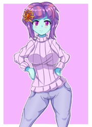 Size: 1300x1800 | Tagged: safe, artist:n00bultima, derpibooru import, sunny flare, equestria girls, clothes, female, hand on hip, looking at you, solo, sweater