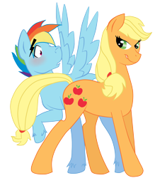 Size: 4298x4914 | Tagged: safe, artist:marmerso, derpibooru import, applejack, rainbow blitz, rainbow dash, earth pony, pegasus, pony, appleblitz (straight), appledash, blushing, colored, female, half r63 shipping, male, mare, rule 63, shipping, simple background, spread wings, stallion, straight, tail seduce, transparent background, wingboner, wings