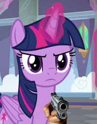 Size: 553x706 | Tagged: safe, derpibooru import, edit, edited screencap, screencap, twilight sparkle, twilight sparkle (alicorn), alicorn, pony, school daze, angry, delet this, glowing horn, gun, handgun, horn, looking at you