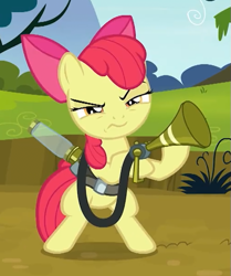 Size: 503x602 | Tagged: safe, derpibooru import, screencap, apple bloom, bloom and gloom, season 5, angry, bipedal, cropped, female, filly, medic, pest control gear, solo, team fortress 2, twitbuster apple bloom