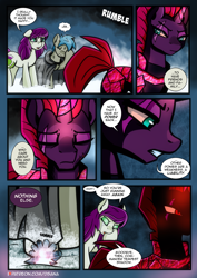 Size: 2480x3508 | Tagged: safe, artist:dsana, derpibooru import, tempest shadow, oc, oc:fireweed, oc:thistledown, earth pony, pony, unicorn, comic:a storm's lullaby, angry, comic, crying, crystal, eyes closed, open mouth, tears of anger, wiping tears