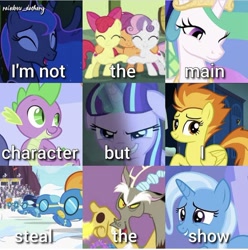 Size: 750x755 | Tagged: safe, derpibooru import, edit, edited screencap, screencap, apple bloom, discord, princess luna, scootaloo, spitfire, starlight glimmer, sweetie belle, trixie, alicorn, draconequus, dragon, pegasus, pony, unicorn, celestial advice, luna eclipsed, marks for effort, sweet and elite, the cutie map, the return of harmony, top bolt, caption, collage, cutie mark crusaders, evil grin, female, grin, group hug, hug, image macro, laughing, male, mare, one eye closed, s5 starlight, smiling, stallion, text, villainess, wink, wonderbolts