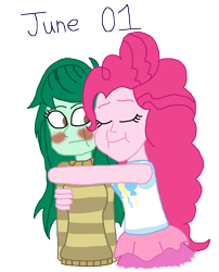 Size: 2000x2480 | Tagged: safe, artist:ktd1993, derpibooru import, pinkie pie, wallflower blush, equestria girls, :i, :t, blushing, eyes closed, female, hug, lesbian, pinkieflower, shipping