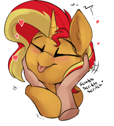Size: 2226x2457 | Tagged: safe, artist:beardie, derpibooru import, sunset shimmer, human, pony, unicorn, beardies scritching ponies, blushing, cute, disembodied hand, eyes closed, floating heart, hand, heart, petting, scratches, shimmerbetes, smiling, tongue, tongue out
