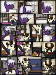 Size: 1750x2333 | Tagged: safe, artist:99999999000, derpibooru import, oc, oc only, oc:cwe, oc:firearm king, pony, unicorn, comic:visit, ar15, bed, clothes, comic, door, gun, male, mp5, shotgun, shotgun shell, submachinegun, weapon