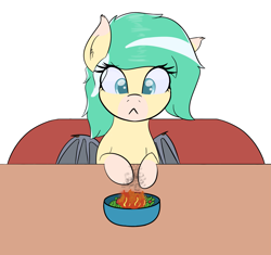 Size: 2395x2255 | Tagged: safe, artist:eyeburn, derpibooru import, oc, oc:icy breeze, bat pony, pony, :<, fire, food, salad