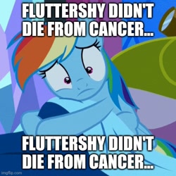 Size: 500x500 | Tagged: safe, derpibooru import, screencap, rainbow dash, pegasus, pony, do princesses dream of magic sheep, bed, disturbed, female, implied cancer, implied fluttershy, meme, night, pillow, solo, twilight's castle