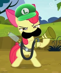 Size: 500x598 | Tagged: safe, derpibooru import, edit, edited screencap, screencap, apple bloom, earth pony, pony, bloom and gloom, apple bloom's bow, bipedal, bow, cropped, female, hair bow, imgflip, luigi, luigi's mansion, meme, solo