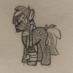 Size: 1911x1911 | Tagged: safe, artist:arkadios, oc, oc only, oc:crescent dusk, pony, unicorn, goggles, monochrome, pencil drawing, pipbuck, scarf, traditional art