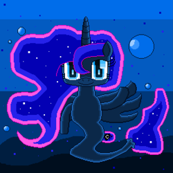 Size: 2449x2449 | Tagged: safe, artist:superhypersonic2000, derpibooru import, princess luna, alicorn, pony, seapony (g4), blue eyes, blue mane, bubble, crown, ethereal mane, female, fish tail, high res, horn, jewelry, looking at you, ocean, pixel art, regalia, seaponified, seapony luna, smiling, solo, species swap, starry mane, tail, underwater, water, wings