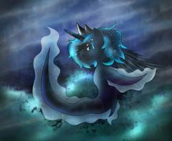 Size: 2586x2113 | Tagged: safe, artist:kukotte, derpibooru import, princess luna, alicorn, pony, sea pony, blue mane, crown, ethereal mane, female, fins, fish tail, high res, horn, jewelry, ocean, regalia, seaponified, seapony luna, signature, solo, species swap, starry mane, tail, underwater, water