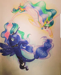 Size: 1080x1329 | Tagged: safe, artist:stardustartwork8, derpibooru import, princess celestia, alicorn, pony, seapony (g4), crown, dorsal fin, ethereal mane, female, fin wings, fish tail, flowing mane, flowing tail, hoof shoes, horn, jewelry, looking at each other, open mouth, regalia, seaponified, seapony celestia, seapony luna, simple background, smiling, species swap, starry mane, tail, wings