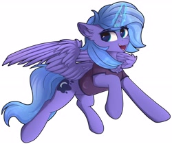 Size: 3920x3300 | Tagged: safe, alternate version, artist:lakunae, derpibooru import, princess luna, alicorn, pony, chest fluff, clothes, female, flying, glowing horn, high res, horn, magic, mare, open mouth, s1 luna, smiling, solo, spread wings, vest, wings