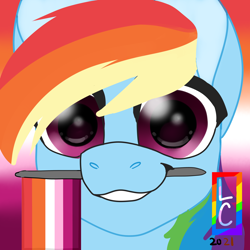 Size: 4000x4000 | Tagged: safe, artist:lightningchaserarts, derpibooru import, rainbow dash, pegasus, pony, 30 minute art challenge, absurd resolution, female, flag, headcanon, holding a flag, icon, lesbian pride flag, lgbt headcanon, looking at you, male, mare, mouth hold, pride, pride flag, pride month, sexuality headcanon, smiling, solo, warm up